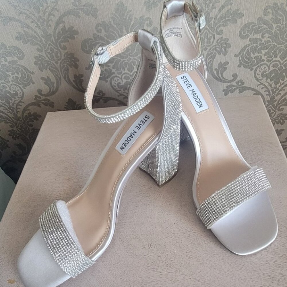 Steve Madden Spark Silver Rhinestone Block Heel Ankle Strap Sandal - Picture 4 of 6